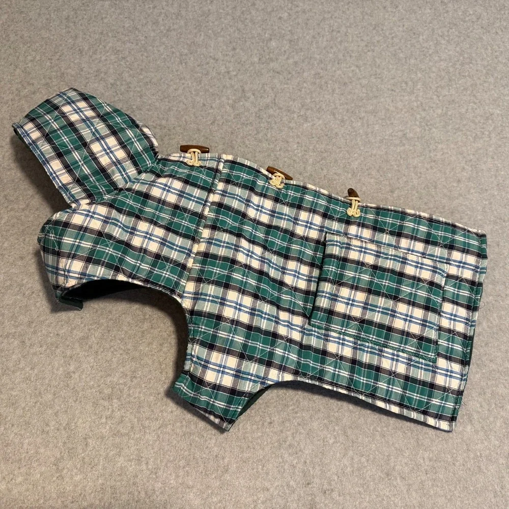 Telluride Clothing Co Green Plaid Quilted Dog Jacket Vest Coat Hooded Toggles L